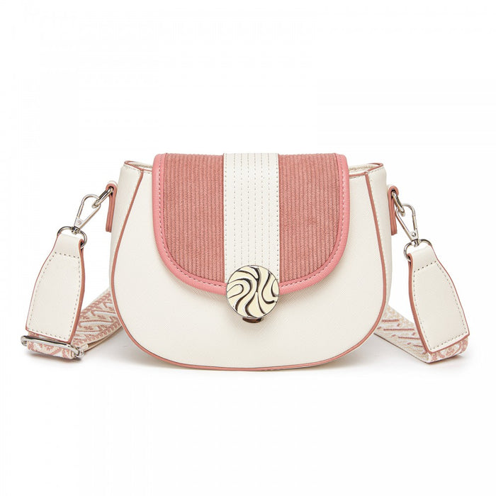 Women's PU Leather Ethnic Style Crossbody Bag with Corduroy Flap and Adjustable Strap – Pink and Beige