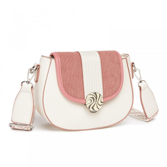 Women's PU Leather Ethnic Style Crossbody Bag with Corduroy Flap and Adjustable Strap – Pink and Beige