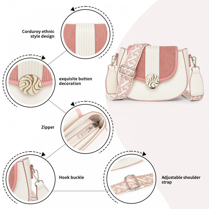 Women's PU Leather Ethnic Style Crossbody Bag with Corduroy Flap and Adjustable Strap – Pink and Beige