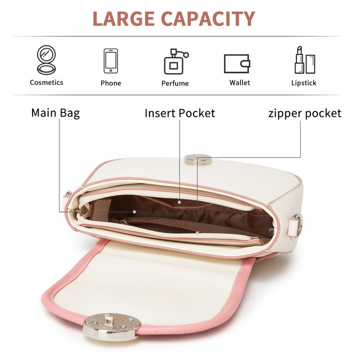 Women's PU Leather Ethnic Style Crossbody Bag with Corduroy Flap and Adjustable Strap – Pink and Beige