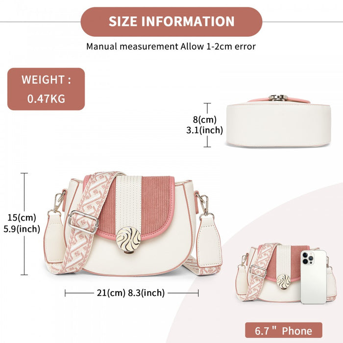 Women's PU Leather Ethnic Style Crossbody Bag with Corduroy Flap and Adjustable Strap – Pink and Beige
