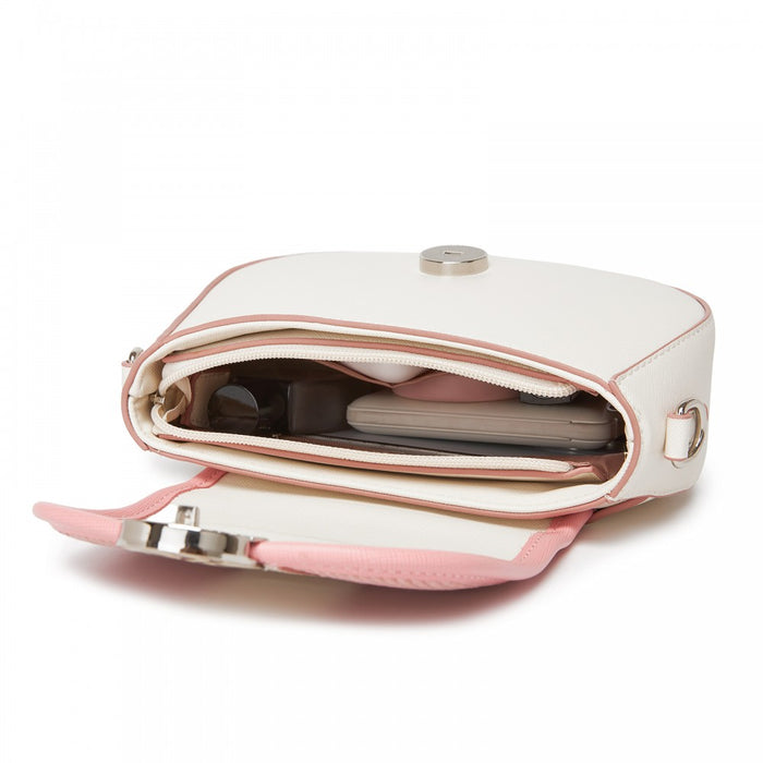 Women's PU Leather Ethnic Style Crossbody Bag with Corduroy Flap and Adjustable Strap – Pink and Beige