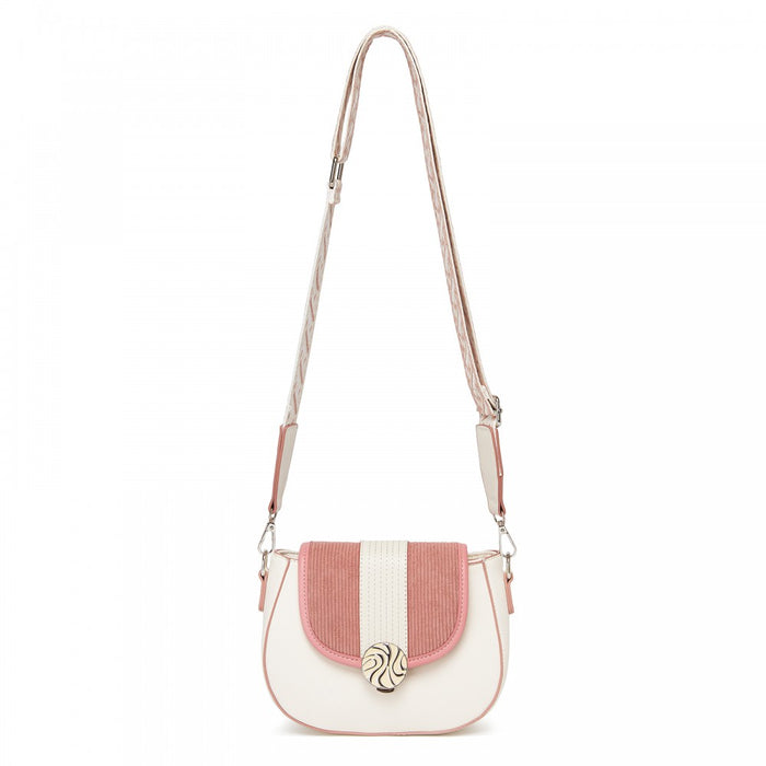 Women's PU Leather Ethnic Style Crossbody Bag with Corduroy Flap and Adjustable Strap – Pink and Beige