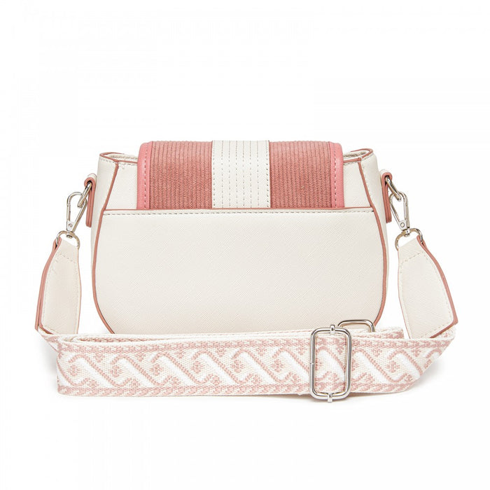 Women's PU Leather Ethnic Style Crossbody Bag with Corduroy Flap and Adjustable Strap – Pink and Beige