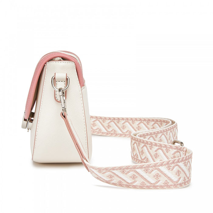 Women's PU Leather Ethnic Style Crossbody Bag with Corduroy Flap and Adjustable Strap – Pink and Beige