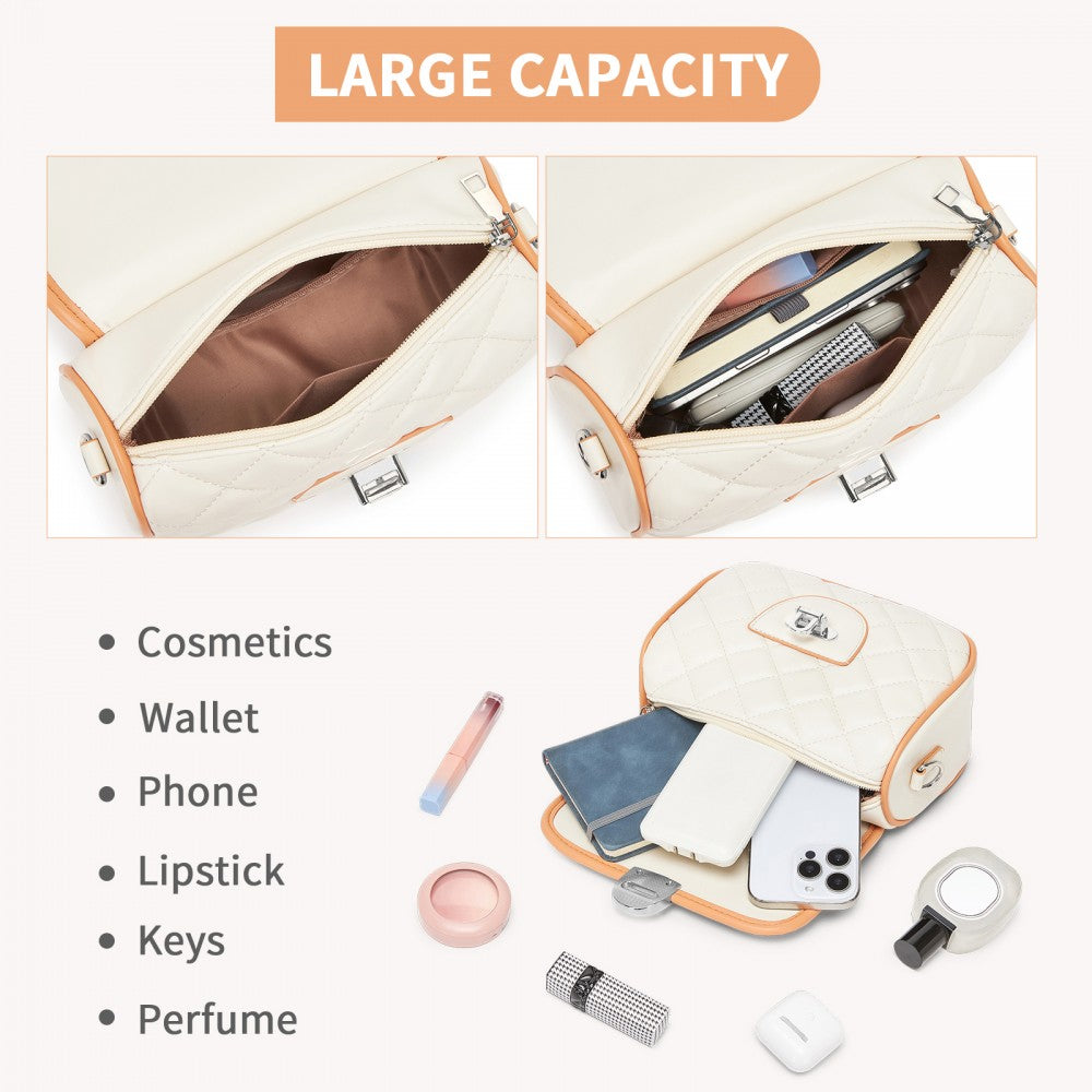 Quilted PU Leather Crossbody Handbag with Secure Lock and Everyday Storage – Beige