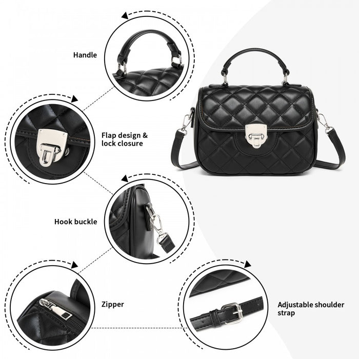 Quilted PU Leather Crossbody Handbag with Secure Lock and Everyday Storage – Black