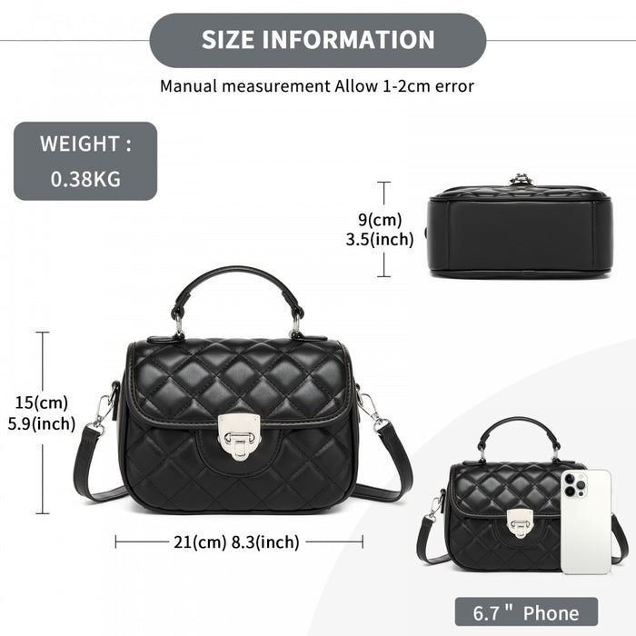 Quilted PU Leather Crossbody Handbag with Secure Lock and Everyday Storage – Black