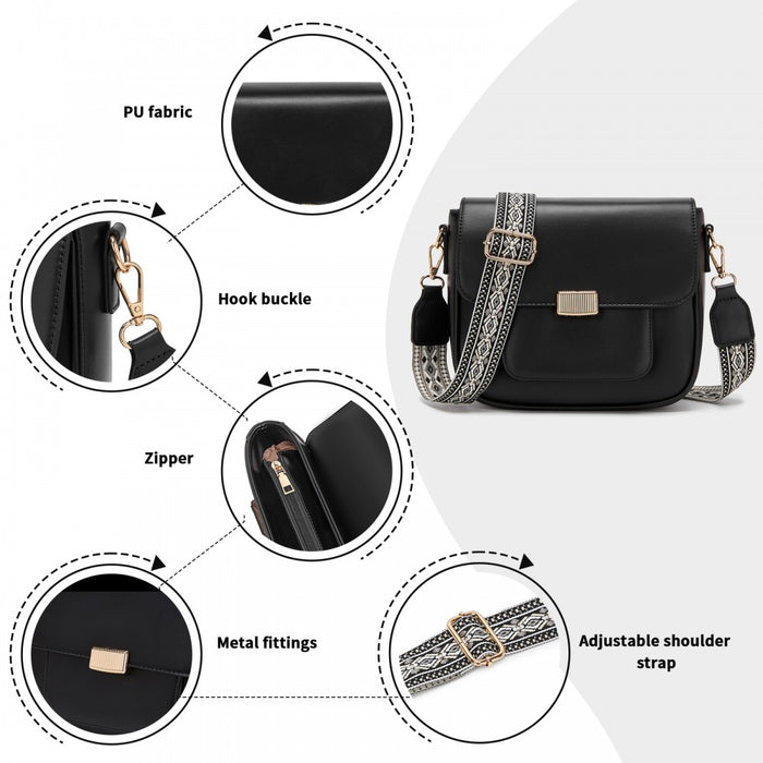 Fashion PU Crossbody Shoulder Bag with Detachable Woven Strap for Women – Black