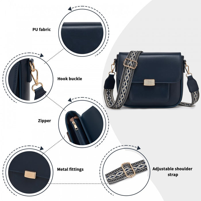Fashion PU Crossbody Shoulder Bag with Detachable Woven Strap for Women – Navy