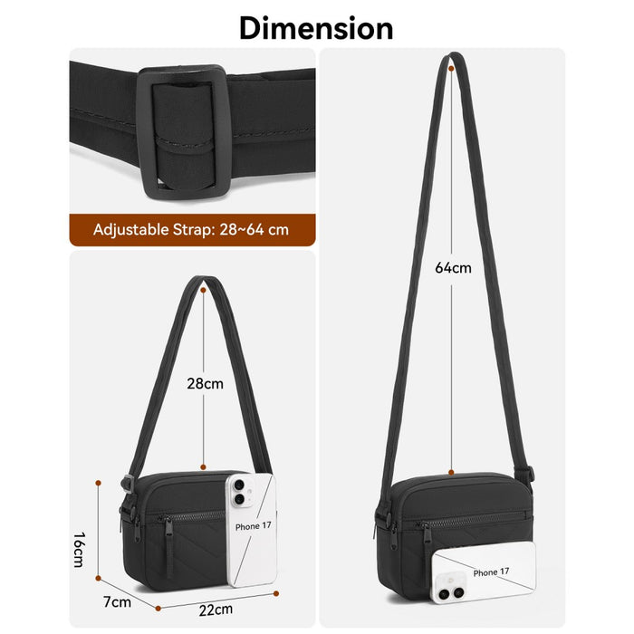 Women's Crossbody Bag, Multi-Zip Pockets Compact Daily Shoulder Bag – Black