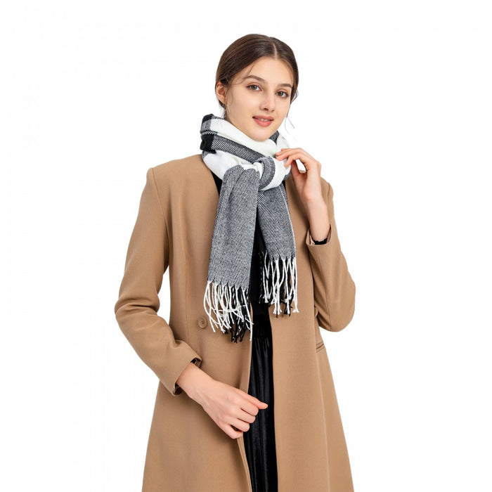 Women Fashion Long Shawl Grid Tassel Winter Warm Lattice Large Scarf – Black