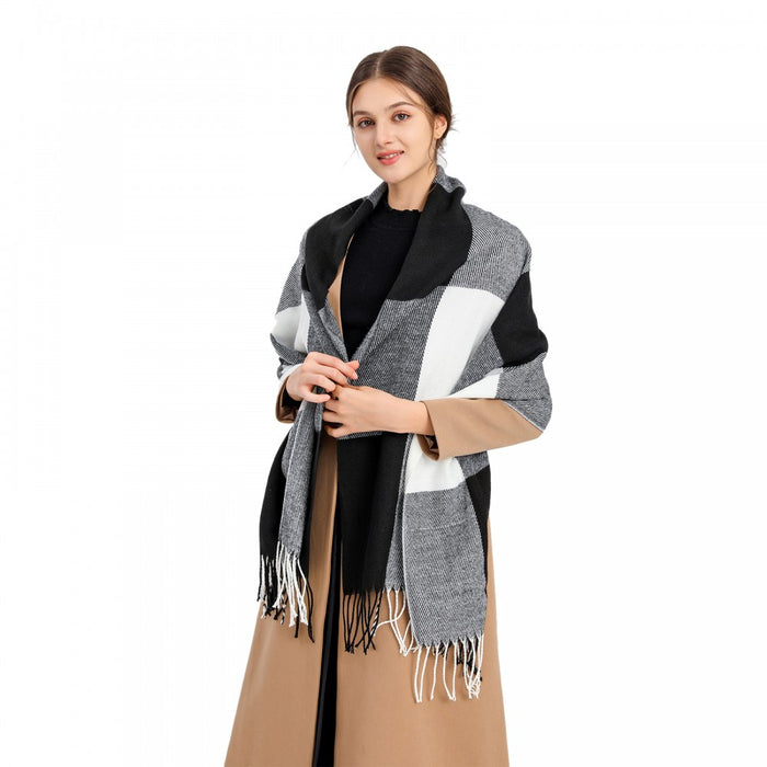 Women Fashion Long Shawl Grid Tassel Winter Warm Lattice Large Scarf – Black