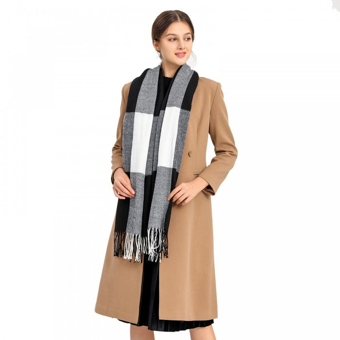 Women Fashion Long Shawl Grid Tassel Winter Warm Lattice Large Scarf – Black