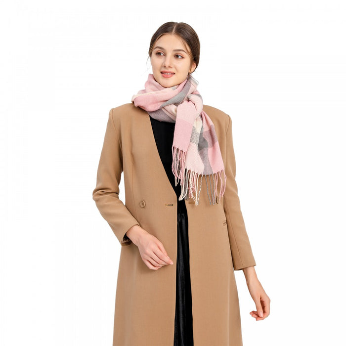 Women Fashion Long Shawl Grid Tassel Winter Warm Lattice Large Scarf – Pink