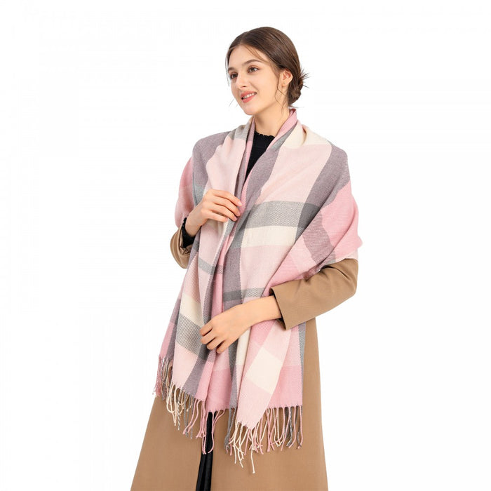Women Fashion Long Shawl Grid Tassel Winter Warm Lattice Large Scarf – Pink