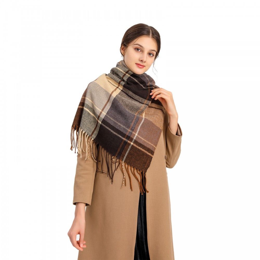 Women Fashion Long Shawl Grid Tassel Winter Warm Lattice Large Scarf – Brown
