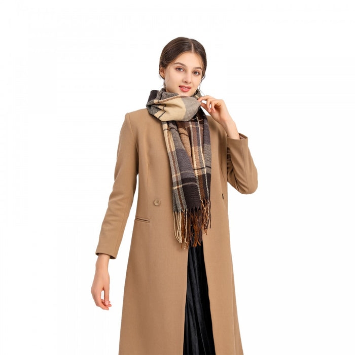 Women Fashion Long Shawl Grid Tassel Winter Warm Lattice Large Scarf – Brown