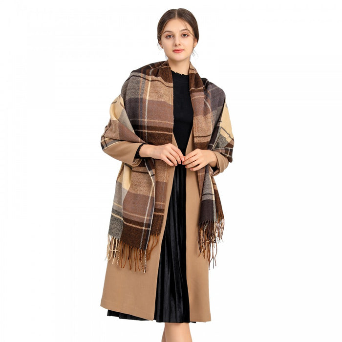 Women Fashion Long Shawl Grid Tassel Winter Warm Lattice Large Scarf – Brown