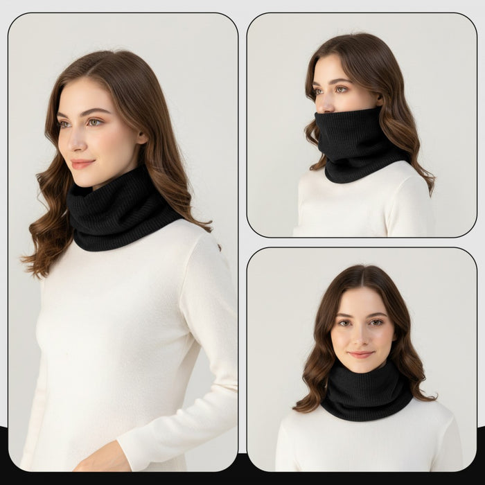 Fleece-Lined Knit Neck Warmer Gaiter – Double-Layer Acrylic and Polyester, Stretchy, Soft, Wind-Resistant, Warm – Black