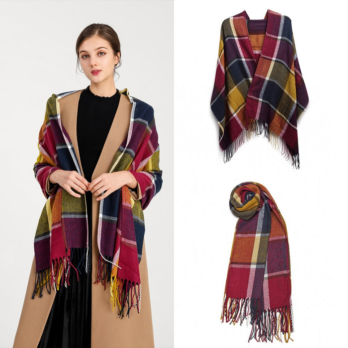 Women Fashion Long Shawl Grid Tassel Winter Warm Lattice Large Scarf – Purple