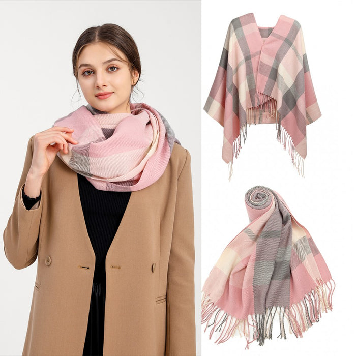 Women Fashion Long Shawl Grid Tassel Winter Warm Lattice Large Scarf – Pink