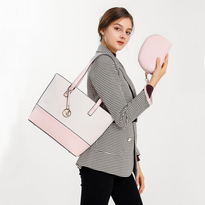 3-Piece PU Leather Tote Bag Set – Pink and Beige