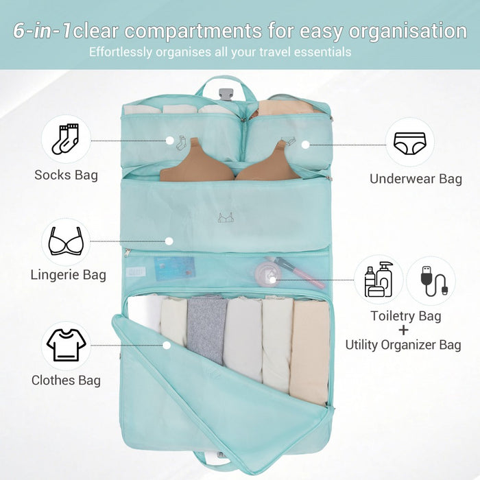 6-in-1 Hanging Travel Organiser Bag, Portable Foldable Packing Cubes Set with Trolley Sleeve – Blue