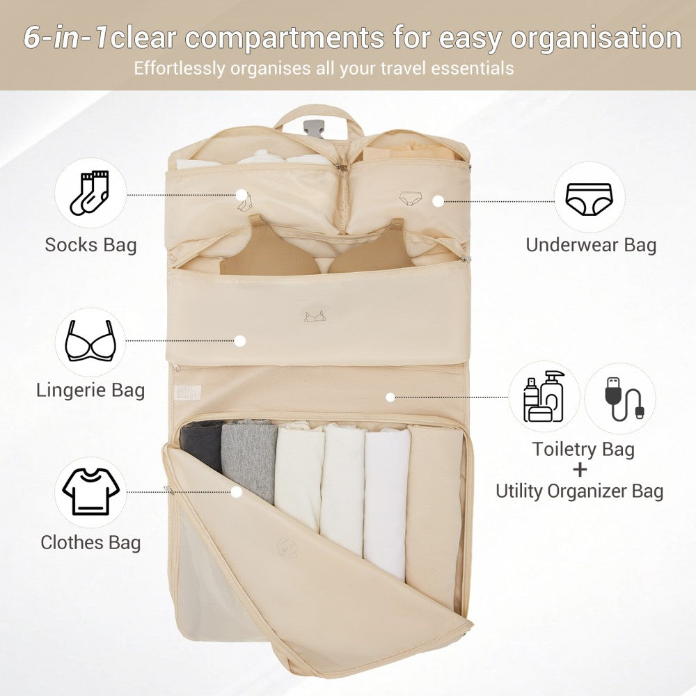 6-in-1 Hanging Travel Organiser Bag, Portable Foldable Packing Cubes Set with Trolley Sleeve – Beige