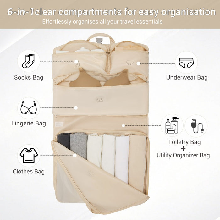 6-in-1 Hanging Travel Organiser Bag, Portable Foldable Packing Cubes Set with Trolley Sleeve – Beige