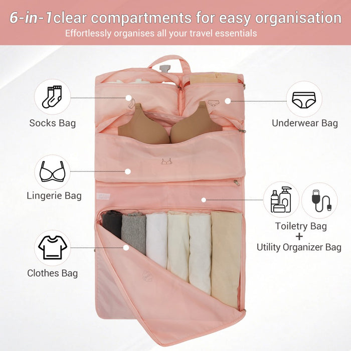 6-in-1 Hanging Travel Organiser Bag, Portable Foldable Packing Cubes Set with Trolley Sleeve – Pink