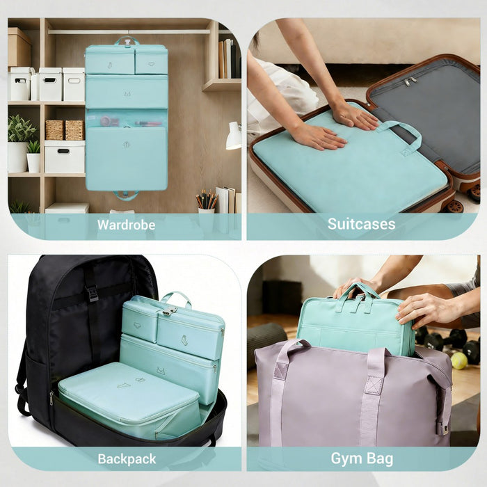 6-in-1 Hanging Travel Organiser Bag, Portable Foldable Packing Cubes Set with Trolley Sleeve – Blue