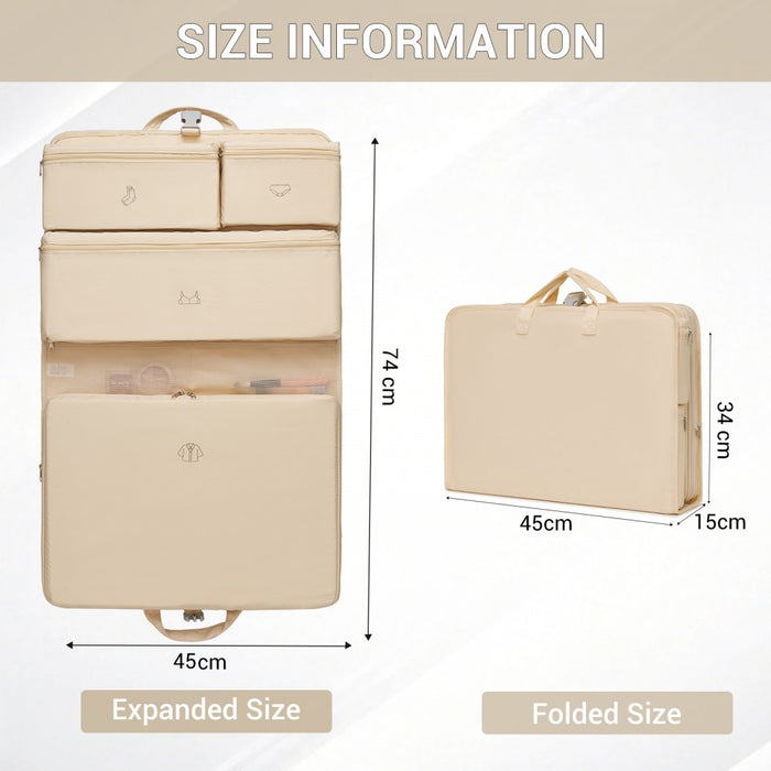 6-in-1 Hanging Travel Organiser Bag, Portable Foldable Packing Cubes Set with Trolley Sleeve – Beige
