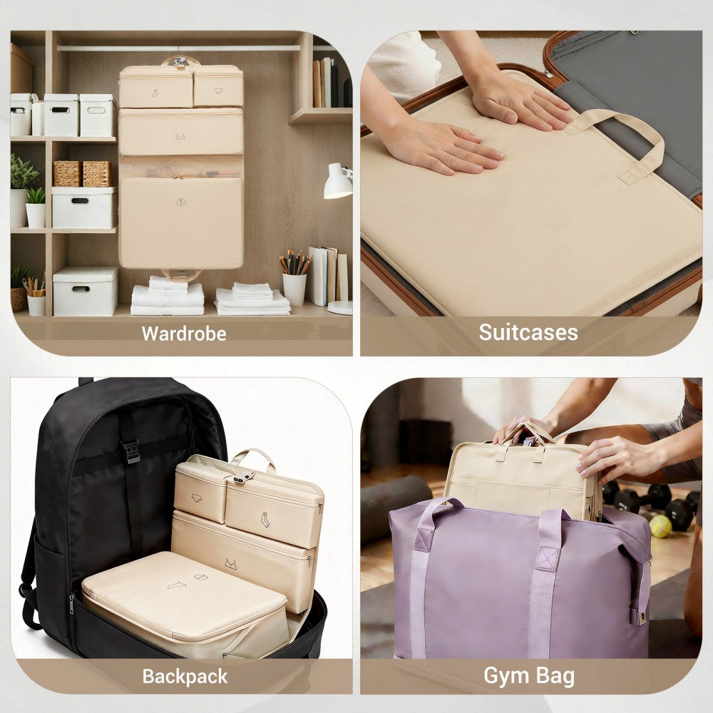 6-in-1 Hanging Travel Organiser Bag, Portable Foldable Packing Cubes Set with Trolley Sleeve – Beige