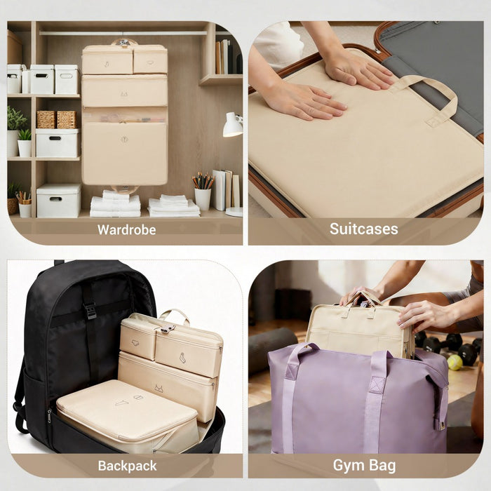 6-in-1 Hanging Travel Organiser Bag, Portable Foldable Packing Cubes Set with Trolley Sleeve – Beige
