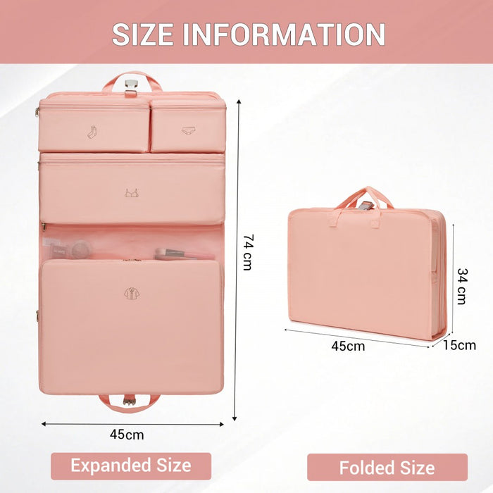 6-in-1 Hanging Travel Organiser Bag, Portable Foldable Packing Cubes Set with Trolley Sleeve – Pink
