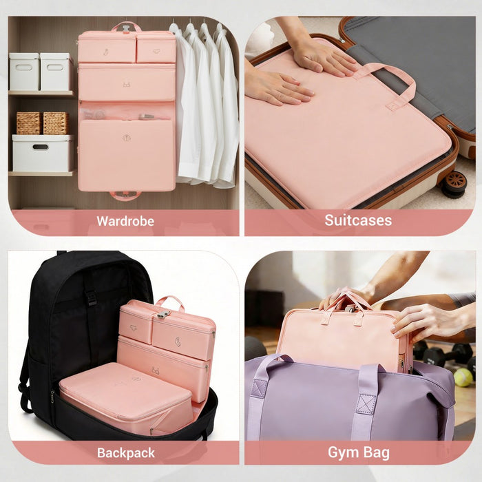6-in-1 Hanging Travel Organiser Bag, Portable Foldable Packing Cubes Set with Trolley Sleeve – Pink