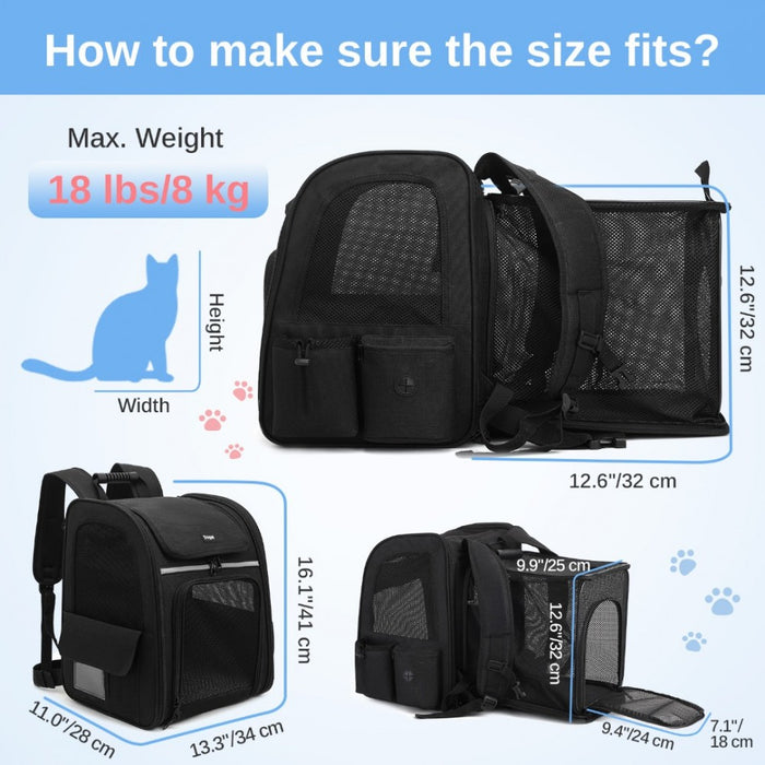 Expandable and Foldable Pet Backpack Carrier with Ventilated Mesh Windows – PTD2441 – Black