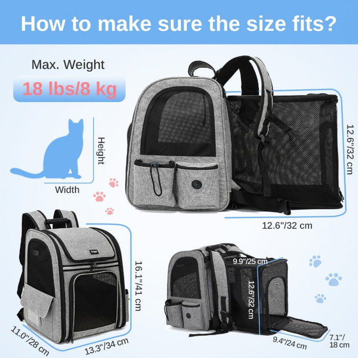 Expandable and Foldable Pet Backpack Carrier with Ventilated Mesh Windows – PTD2441 – Grey