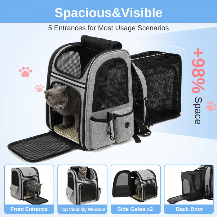 Expandable and Foldable Pet Backpack Carrier with Ventilated Mesh Windows – PTD2641 – Grey