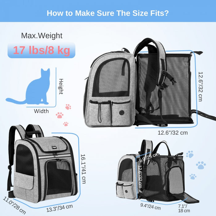 Expandable and Foldable Pet Backpack Carrier with Ventilated Mesh Windows – PTD2641 – Grey
