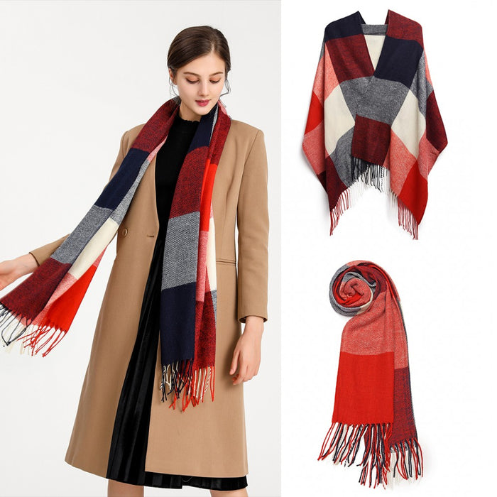 Women Fashion Long Shawl Grid Tassel Winter Warm Lattice Large Scarf – Red