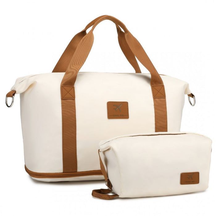 Expandable Water-Resistant Travel Tote Set with Cosmetic Pouch Carry-On Duffel Bag – 36 L – Beige and Brown