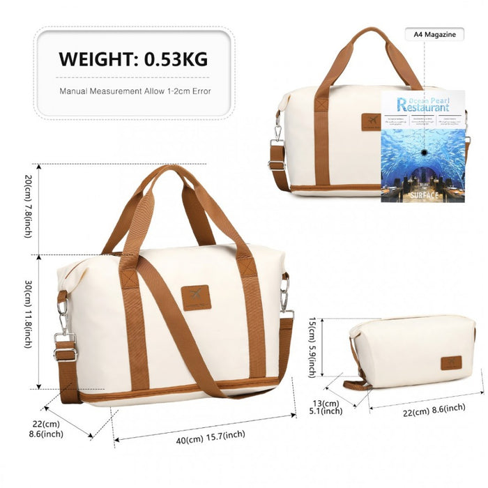 Expandable Water-Resistant Travel Tote Set with Cosmetic Pouch Carry-On Duffel Bag – 36 L – Beige and Brown