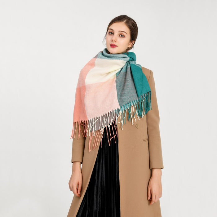 Women Fashion Long Shawl Grid Tassel Winter Warm Lattice Large Scarf – Green