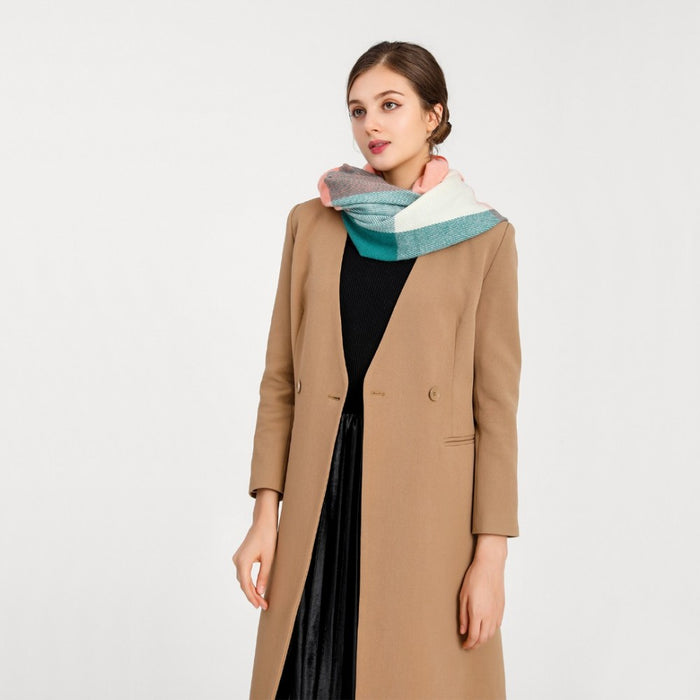 Women Fashion Long Shawl Grid Tassel Winter Warm Lattice Large Scarf – Green