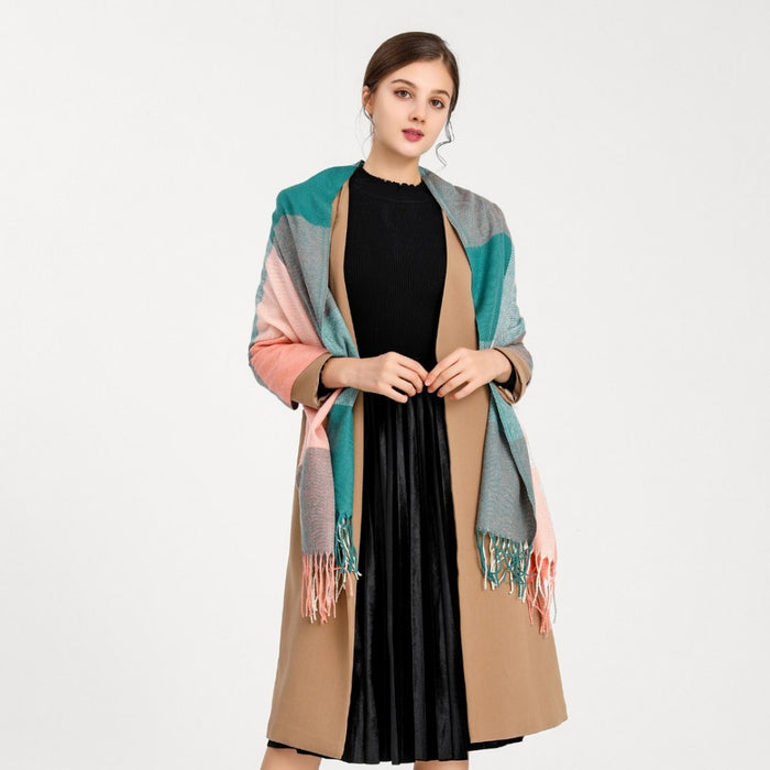 Women Fashion Long Shawl Grid Tassel Winter Warm Lattice Large Scarf – Green