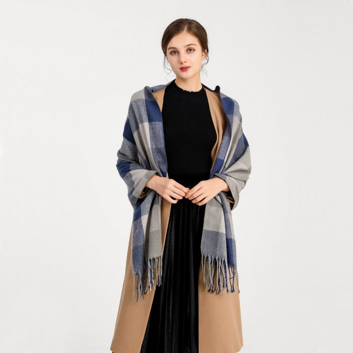 Women Fashion Long Shawl Grid Tassel Winter Warm Lattice Large Scarf – Grey