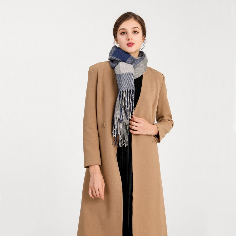 Women Fashion Long Shawl Grid Tassel Winter Warm Lattice Large Scarf – Grey