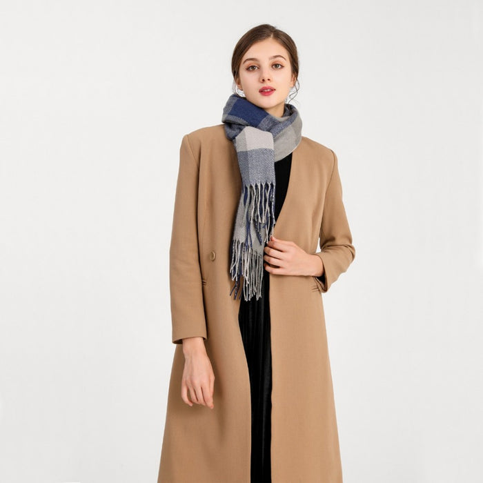 Women Fashion Long Shawl Grid Tassel Winter Warm Lattice Large Scarf – Grey
